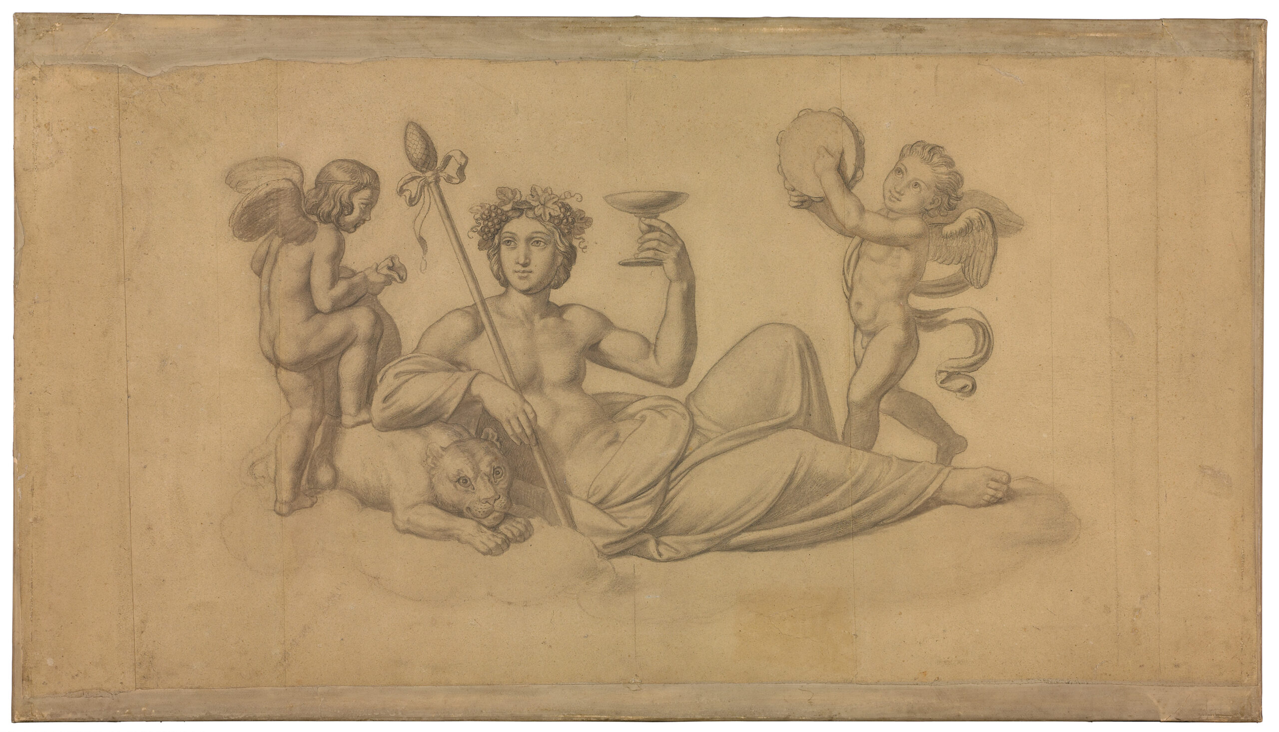 Dionysos mit zwei Eroten, Peter von Cornelius, Kohle auf Papier Zeichnung, 75,5 x 133,5cm, 1821/22,  Staatliche Museen zu Berlin

Art & Wine Magazine: Dionysos - der Gott des Weines als faszinierender Lebenskünstler