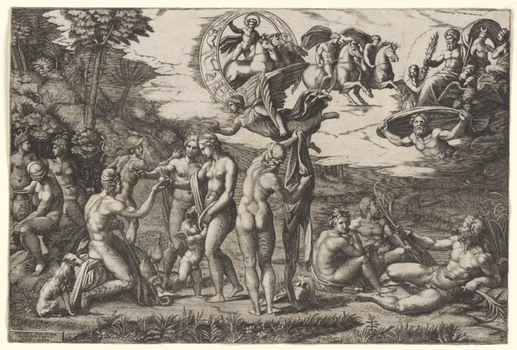 Kupferstich nach Raffael, Darstellung des Urteil des Paris